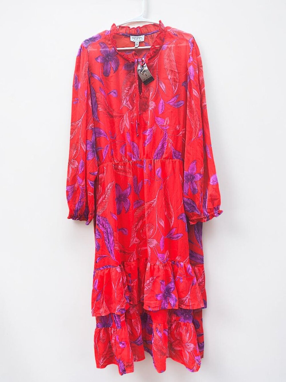 2X Sofia Vergara Sheer Floral Tiered Midi Dress with Slip Lining – Red & Purple